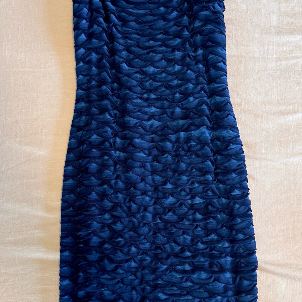 St. John Blue Wave print ruched strapless bodycon dress.